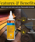 Quick Dry Leather Glue Cement With High Strength Flexible Bond For Leather Repairs On Jackets Shoes Furniture And Purses Non Toxic Non Flammable Water Based Adhesive shown with leather samples.