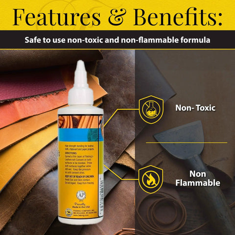 Quick Dry Leather Glue Cement With High Strength Flexible Bond For Leather Repairs On Jackets Shoes Furniture And Purses Non Toxic Non Flammable Water Based Adhesive shown with leather samples.