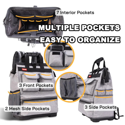 Heavy Duty Tool Backpack With Laptop Compartment Waterproof Molded Base And Padded Back Support Large Capacity pockets
