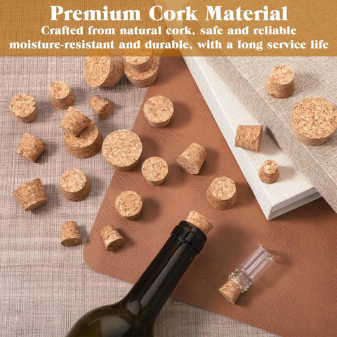 Natural Cork Stoppers Set For Glass Bottles 36 Pieces With Six Handy Sizes Tapered Cork Plugs shown beside books and wine bottle