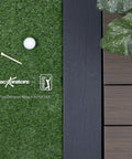 Textured Black Aluminum Contemporary Rail Horizontal Bracket Kit with golf ball on grass with plant on wooden deck