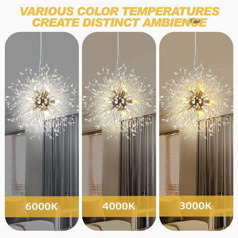 9-Light Dandelion Gold Fireworks Crystal Chandelier showcasing various color temperatures in a living room setting.