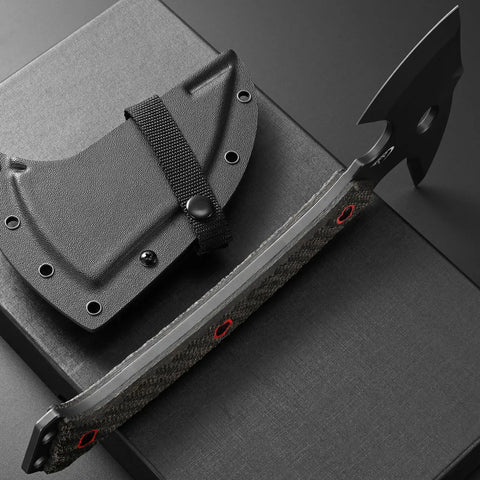 Beast Of A Camping Axe For Bushcraft And Survival With DC53 Steel Blade And Micarta Handle shown with Kydex sheath