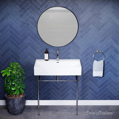 Claire 30 Inch Ceramic Console Sink With Glossy White Basin, Scratch Resistant Non Porous Ceramic, Single Faucet Hole, Overflow Included