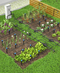 Drip Irrigation System 230Ft Garden Watering Kit With Quick Connect Fittings in a lush raised bed setup with vegetables.