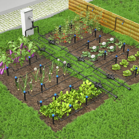 Drip Irrigation System 230Ft Garden Watering Kit With Quick Connect Fittings in a lush raised bed setup with vegetables.