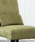 Kick Back Today Spring Green Chenille Armless Accent Chair With Rich Espresso Wood Legs And Snug Kidney Pillow close-up view.