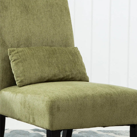 Kick Back Today Spring Green Chenille Armless Accent Chair With Rich Espresso Wood Legs And Snug Kidney Pillow close-up view.