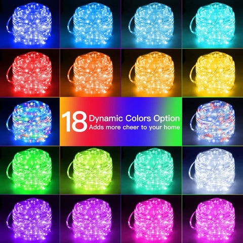 USB Rope Lights Indoor Color Changing 33ft 100 LED String Lights With Remote 18 Color Options displayed in a grid.