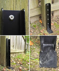 Collage showing One Piece Fence Post Repair Kit Two Pack Heavy Duty Post Anchors 32 Inch Metal Ground Stakes installed on wooden fence