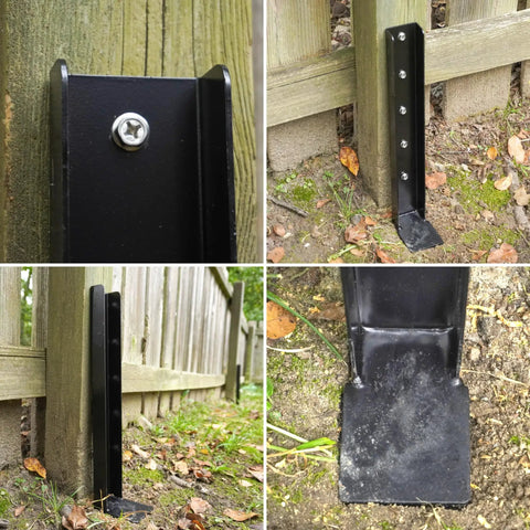 Collage showing One Piece Fence Post Repair Kit Two Pack Heavy Duty Post Anchors 32 Inch Metal Ground Stakes installed on wooden fence