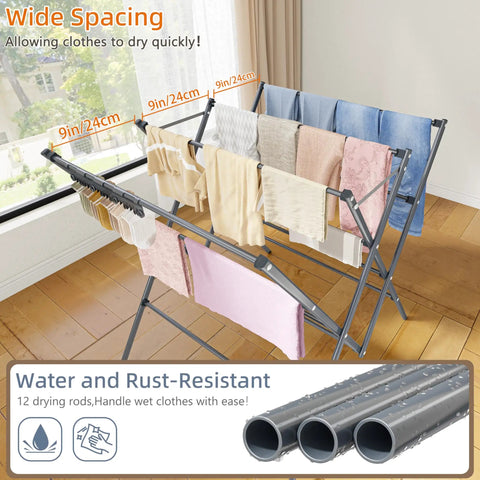 Heavy Duty Indoor Clothes Drying Rack With Twelve Solid Horizontal Rods And Tight Grip Sock Clips Efficiently Air Dries full loads with wide spacing.