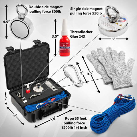 Underwater Treasure Hunting Magnet Fishing Kit With Case And Dual Strength Magnets 880Lb Double Sided And 550Lb Single Sided Includes Rope Carabiner Threadlocker And Gloves For The Real Magnet Fishing Crew