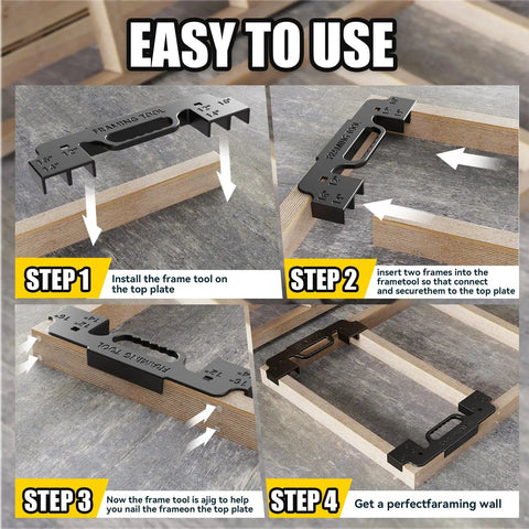 Heavy Duty 3 In 1 Multi Angle Framer With 16 Inch On Center Layout Gauge shows step-by-step assembly on wooden frames.