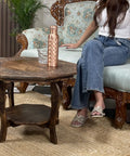 Rectangular Wooden Coffee Table With Cutwork Jali Carving, Farmhouse Charm Meets Mid Century Modern Vibe, Rustic Center Table