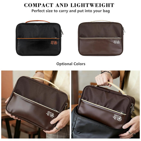 Waterproof Double Layer Electronics Organizer Bag for cords, chargers, power banks, hard drives in black and brown options.