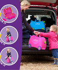 Child with pink kids ride-on luggage, mother loading car