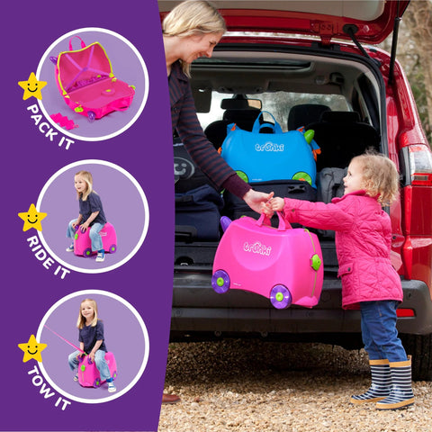 Child with pink kids ride-on luggage, mother loading car