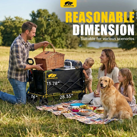 Family using Foldable Dog Wagon Cart With Drop-Down Tailgate, Heavy Duty All-Terrain Wheels, at a picnic, dog nearby