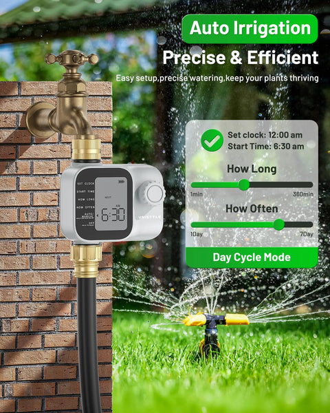 2026 Upgrade Sprinkler Timer With Brass Inlets And Outlets For Garden Hose Programmable Water Timer For Yard And Lawn IP55 Waterproof Outdoor Hose Timer With Manual Irrigation And Easy Setup showing digital display and faucet connection