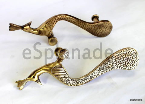 Peacock Shaped Brass Door Handle Pair 2-Piece Set, Dope Designer Embossed Carved Pulls for Interior Doors, Premium Brass Door Pulls, 10 Inch Length, Also Available in 8 and 13 Inches showing intricate design