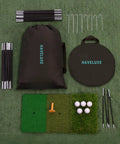 Massive 10x7ft Golf Practice Net Kit With Hitting Net Chipping Net Tri Turf Mat components laid on grass surface