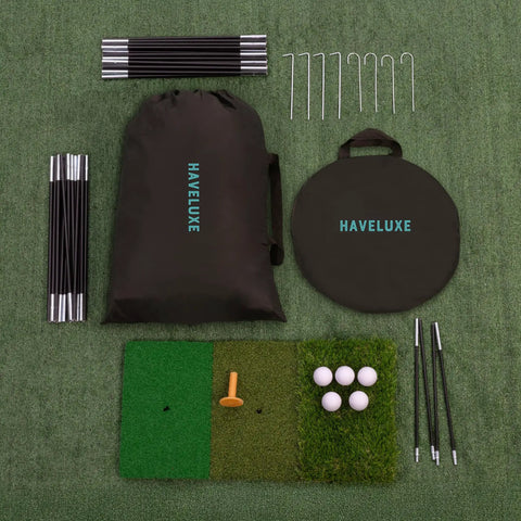 Massive 10x7ft Golf Practice Net Kit With Hitting Net Chipping Net Tri Turf Mat components laid on grass surface