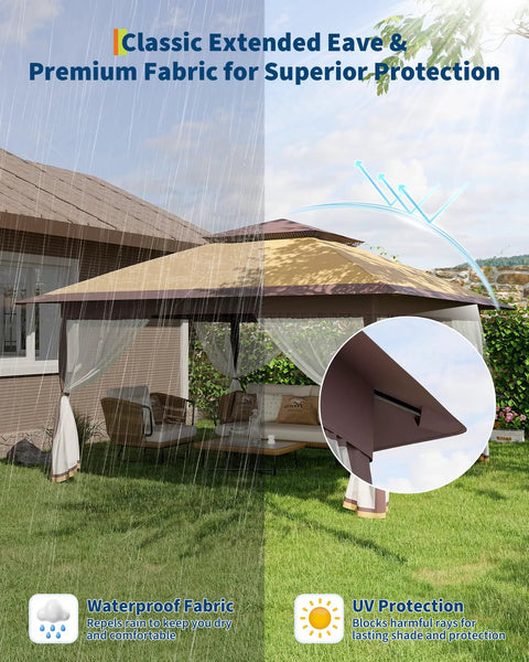 13x13 Ft Pop Up Canopy Gazebo With One Push Setup For Quick Shade Includes 4 Sand Bags Mosquito Netting Height Adjustable Sides Outdoor Backyard Party And BBQ Shelter In Khaki And Coffee installed with rain protection and UV blocking.