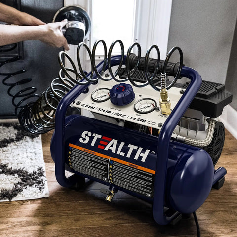 Pro Level 2 Gallon Air Compressor With 3/4 Hp Oil Free Pump And Whisper Quiet Under 60 Db Run handling tire inflation and nailing.