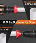 2-in-1 inner-outer PVC deburring tool on a drill with a white PVC pipe; ID 0.92-3.89 in, OD 0.75-3.5 in.