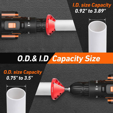 2-in-1 inner-outer PVC deburring tool on a drill with a white PVC pipe; ID 0.92-3.89 in, OD 0.75-3.5 in.