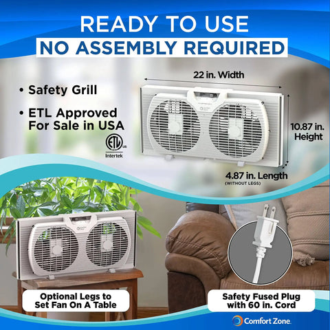 Twin Window Fan With Reversible Airflow And Auto Locking Expanders, 9 Inch Dual Speed, installed on a table in a living room.