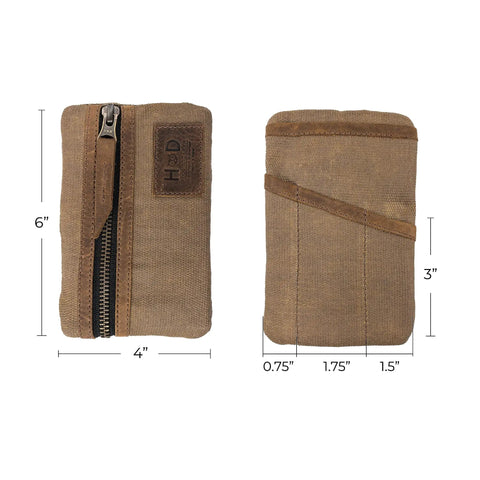 Front and back view of Slim Waxed Canvas EDC Pocket Pouch With Leather Accents, Compact Zippered Tool Case in Fatigue Finish