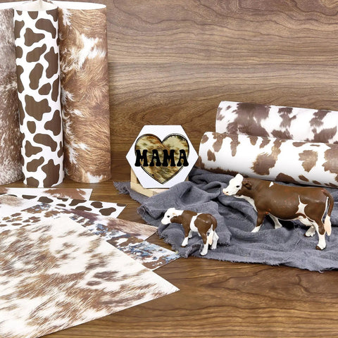 Cow Print Sublimation Transfer Paper Pack For DIY Crafters, 10 Sheets 12x10 Inches displayed with cow figurines and decor.