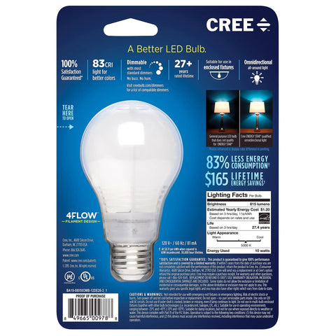 Back packaging of A19 LED Light Bulb 60W Equivalent 5000K Daylight, 4Flow Filament Design, highlighting features and energy savings.