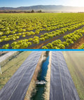 Heavy Duty Black Weed Barrier Fabric 6 Ft By 300 Ft Premium 3.5 Oz Woven Ground Cloth used in a large agricultural field and road setup