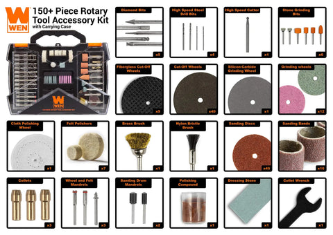 Heavy Hitter Rotary Tool Accessory Kit With 150 Badass Bits For Sanding Carving Deburring Cutting Polishing Rust Removal Stores Snug In A Nifty Carrying Case For Serious DIY Grind Sessions, organized tool bits with different accessories.