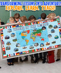 Teachers and students holding Total 63 Piece World Geography Set for Classrooms and Home with three-panel world map.