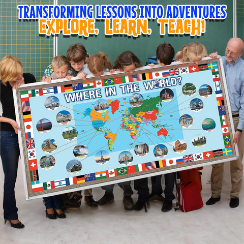 Teachers and students holding Total 63 Piece World Geography Set for Classrooms and Home with three-panel world map.