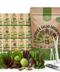15 Variety Lettuce And Salad Greens Seeds Pack With 17700 Plus Non GMO Heirloom Seeds For Indoor And Outdoor Gardeners This Must Have Kit Includes Arugula Kale Spinach Swiss Chard Romaine Butterhead Iceberg Oak Leaf And More For Hydroponics Aerogarden shown with seed packets, tools, and greens