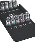 Zyklop Socket Set With Holding Function Half Inch Drive 10 Piece In Ultra Compact Textile Case displayed with sockets on black case