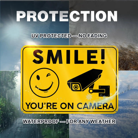Smile Youre On Camera Signs 10x7 Outdoor Aluminum Notice Signs Single Sided Two Pack For Home Office Garage Yard Private Property Weatherproof Security Signage, yellow sign