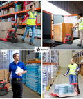 Heavy Duty Full Electric Forklift Walkie Pallet Stacker With 3300 Lb Capacity For Moving Big Loads And Easy Warehouse Tasks Plus 158 Inch Lift Height And Solid Build used by workers in warehouse loading and unloading tasks.
