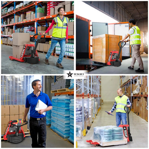 Heavy Duty Full Electric Forklift Walkie Pallet Stacker With 3300 Lb Capacity For Moving Big Loads And Easy Warehouse Tasks Plus 158 Inch Lift Height And Solid Build used by workers in warehouse loading and unloading tasks.