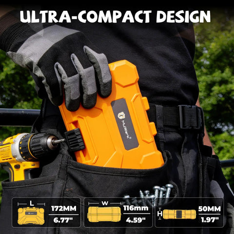 Person holding ultra-compact case for 63-Piece Impact Driver Bit Set with S2 Steel, Color-Coded Torx Bits, magnetizer, and bit holders