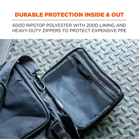 Heavy Duty Jobsite Duffel Bag For Work Gear With Padded Shoulder Straps 34L, Built Tough As Nails From 600D Ripstop Nylon, open pocket view