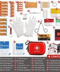 Front view of red mini first aid kit in a hard-shell case with 100-piece contents.