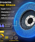 Zirconia flap discs set for angle grinder, 4.5 in diameter, 7/8 in arbor, blue abrasive, assorted grits