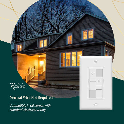 Kalide Dual Load Dimmer Light Switch With Full Range Dimming For LED And CFL Bulbs in a home setting, white finish.