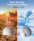 Image showing the wide working temperature range of CR2016 3V Lithium Coin Cell Batteries 5 Pack from -4°F to 140°F.